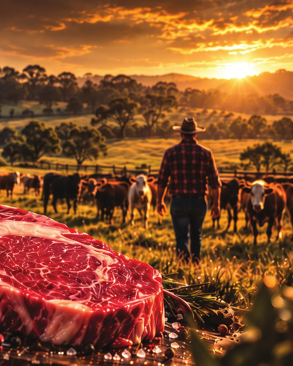 A farmer walking among grazing cattle at sunset