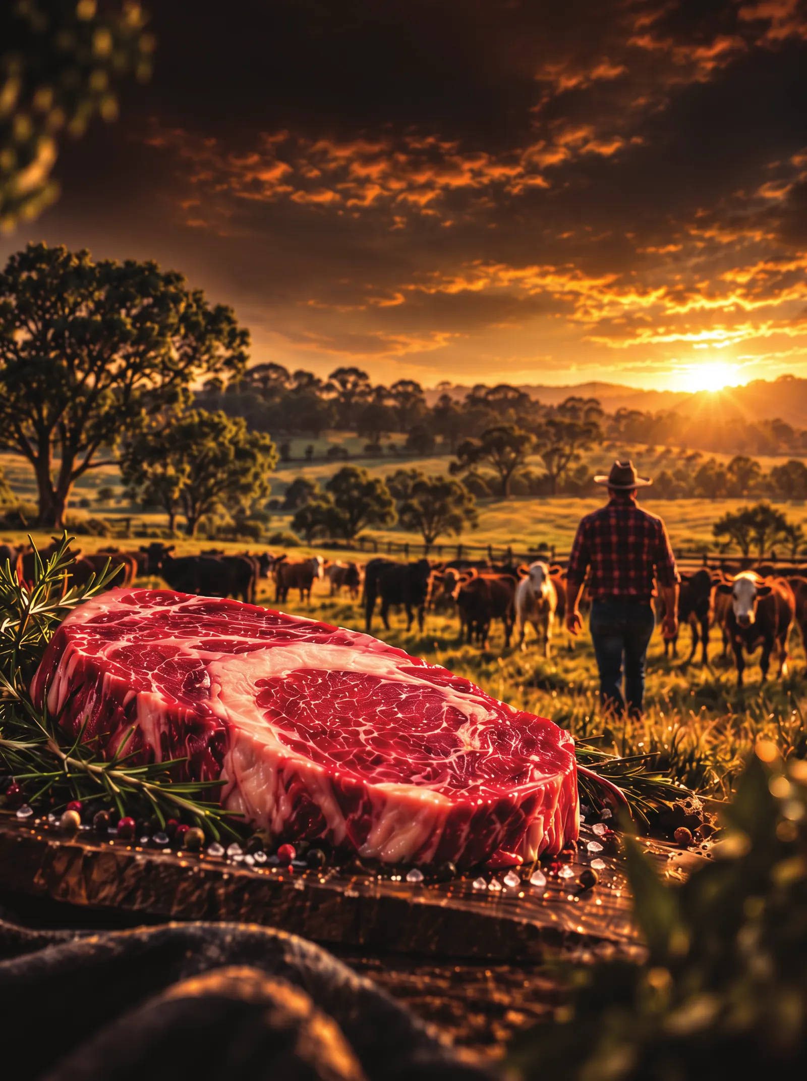 A marbled ribeye steak in front of cattle grazing on a family-owned farm at sunset